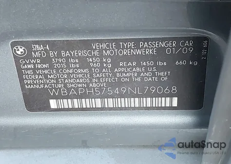 2009 BMW 328I из США, поврежденный, VIN WBAPH57549NL79068